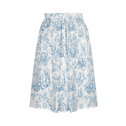 Blue Toile Easter Bunny Midi Skirt, High Waist A-Line, Pockets, Cottagecore Garden Outfits