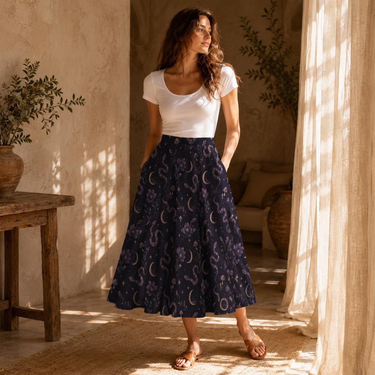 Celestial Moon Midi Skirt, Navy Floral High Waist, Flowy Witchy Boho Style