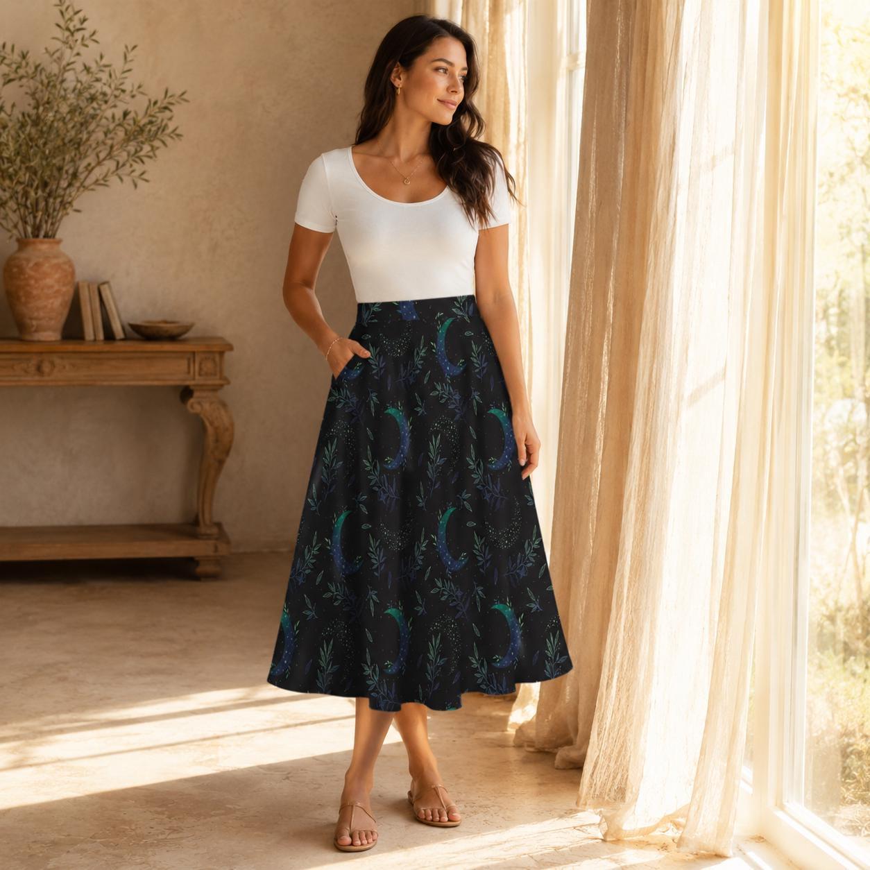 Crescent Moon Midi Skirt with Pockets, Witchy Celestial Fall Outfit