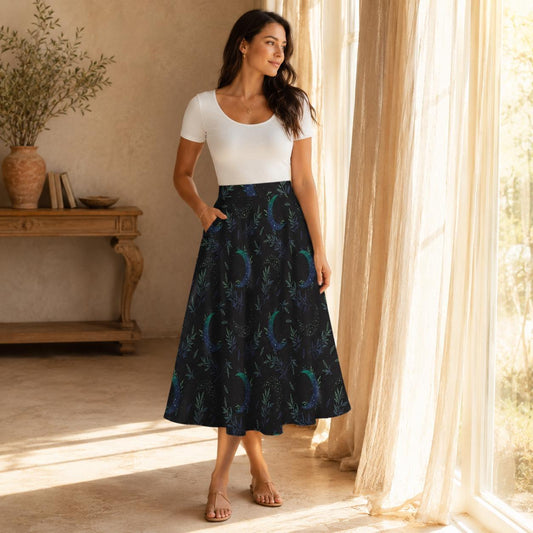 Crescent Moon Midi Skirt with Pockets, Witchy Celestial Fall Outfit