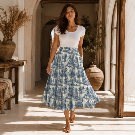 Blue Toile Maxi Skirt With Pockets, Scenic Cottage Print, High Waist Flowy Summer Style