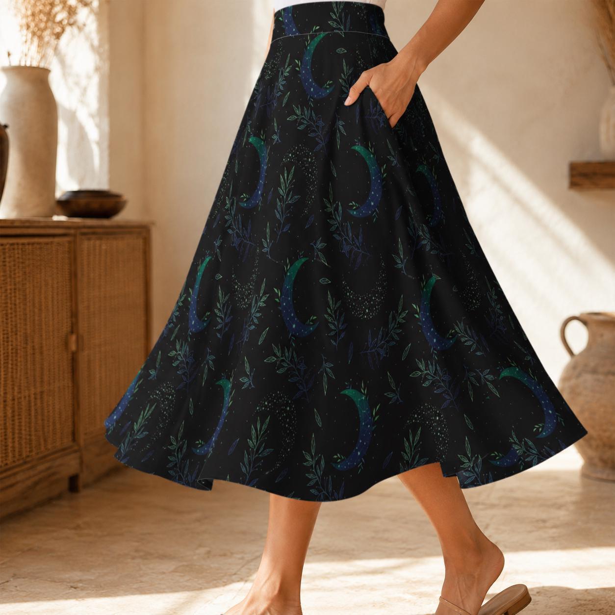 Crescent Moon Midi Skirt with Pockets, Witchy Celestial Fall Outfit