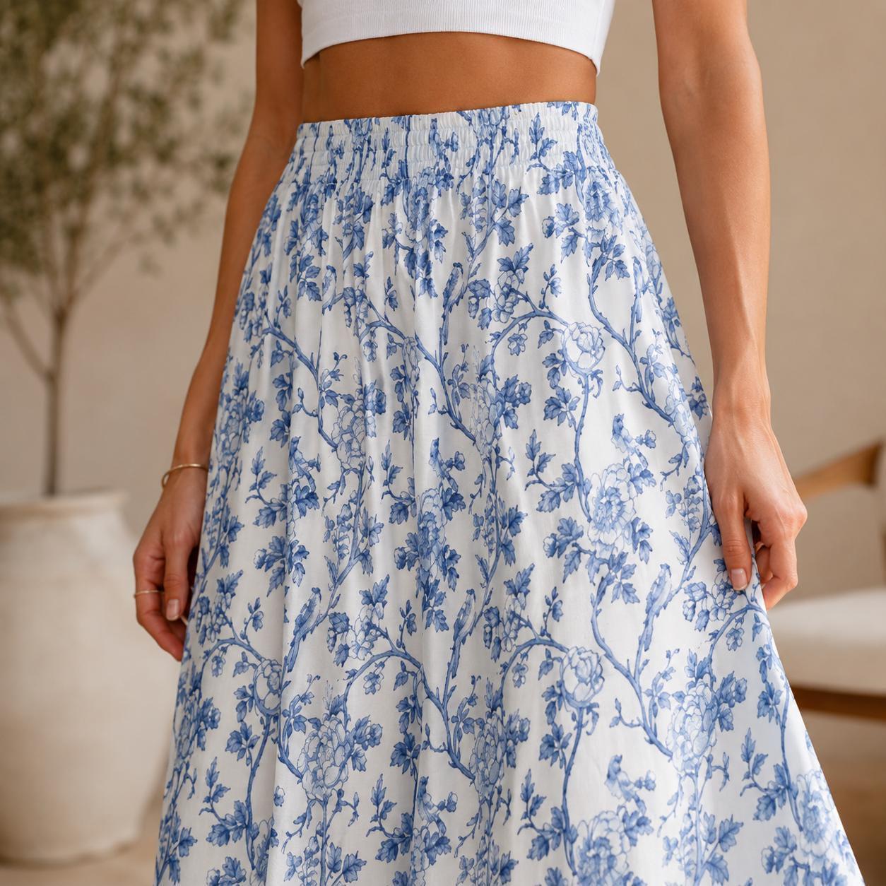 Blue Toile Maxi Skirt, Porcelain Floral Print, Vintage Garden, Cottagecore Summer Vacation