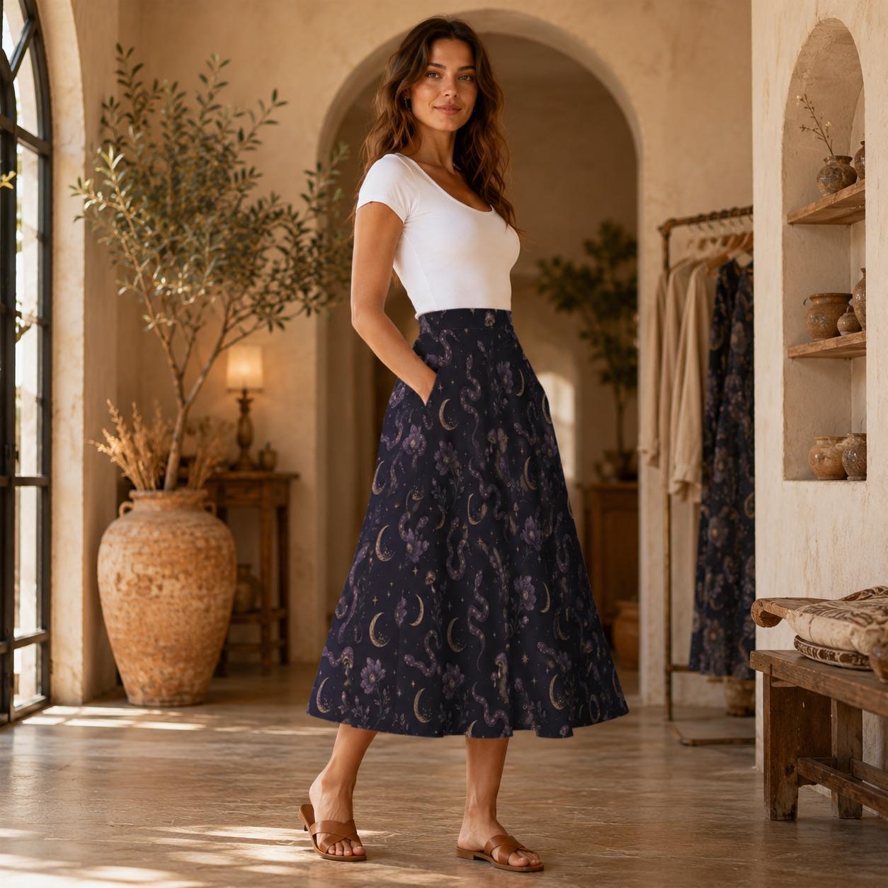 Celestial Moon Midi Skirt, Navy Floral High Waist, Flowy Witchy Boho Style