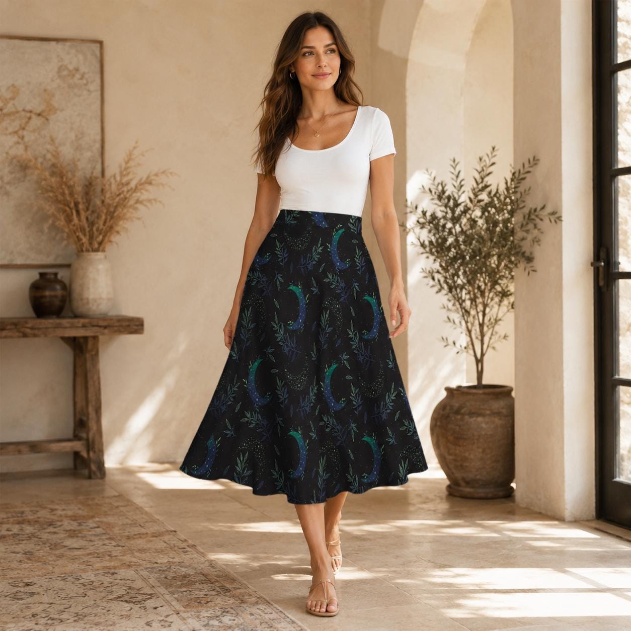 Crescent Moon Midi Skirt with Pockets, Witchy Celestial Fall Outfit