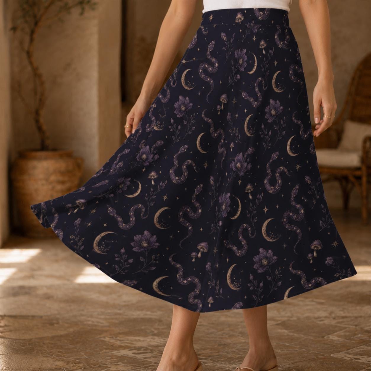 Celestial Moon Midi Skirt, Navy Floral High Waist, Flowy Witchy Boho Style