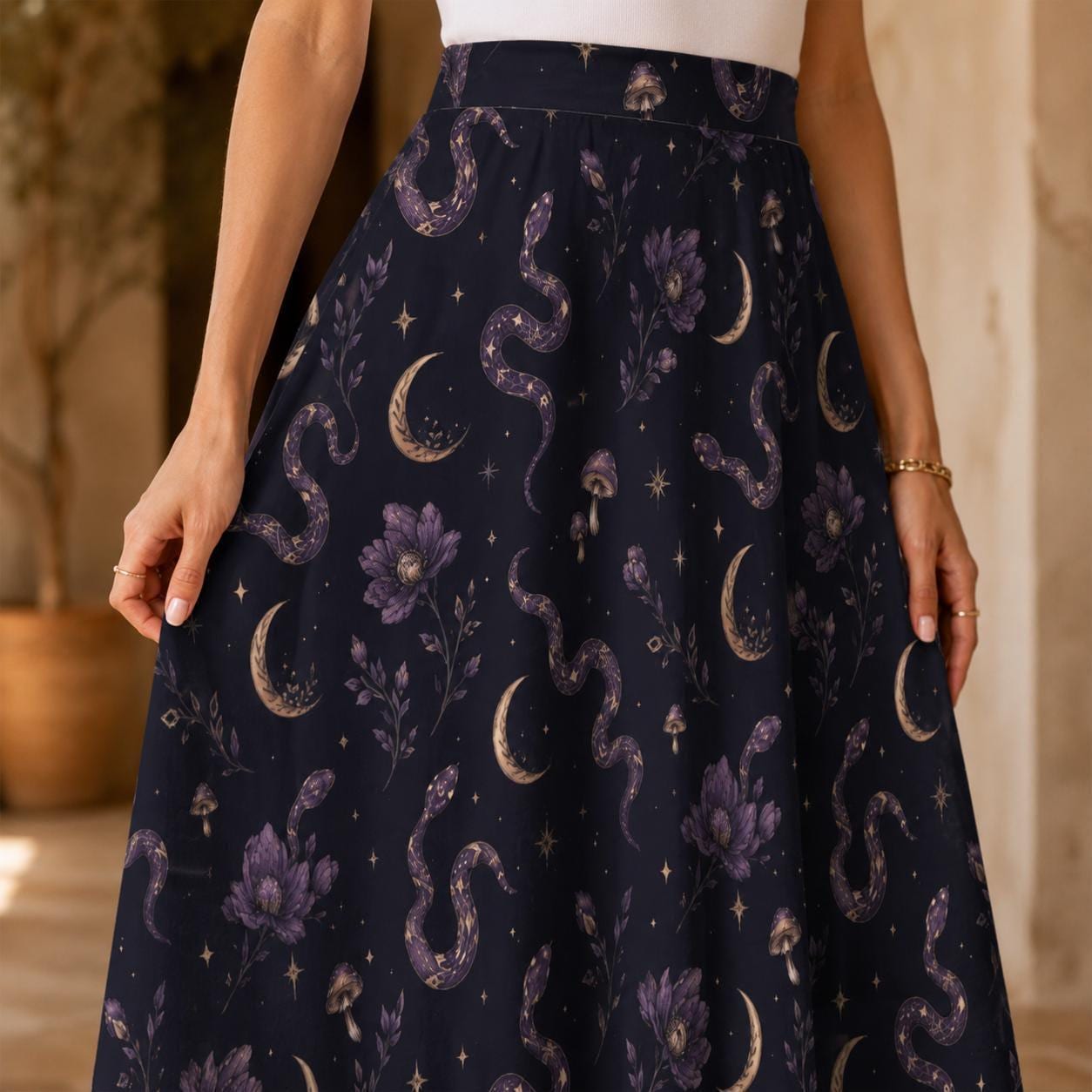 Celestial Moon Midi Skirt, Navy Floral High Waist, Flowy Witchy Boho Style
