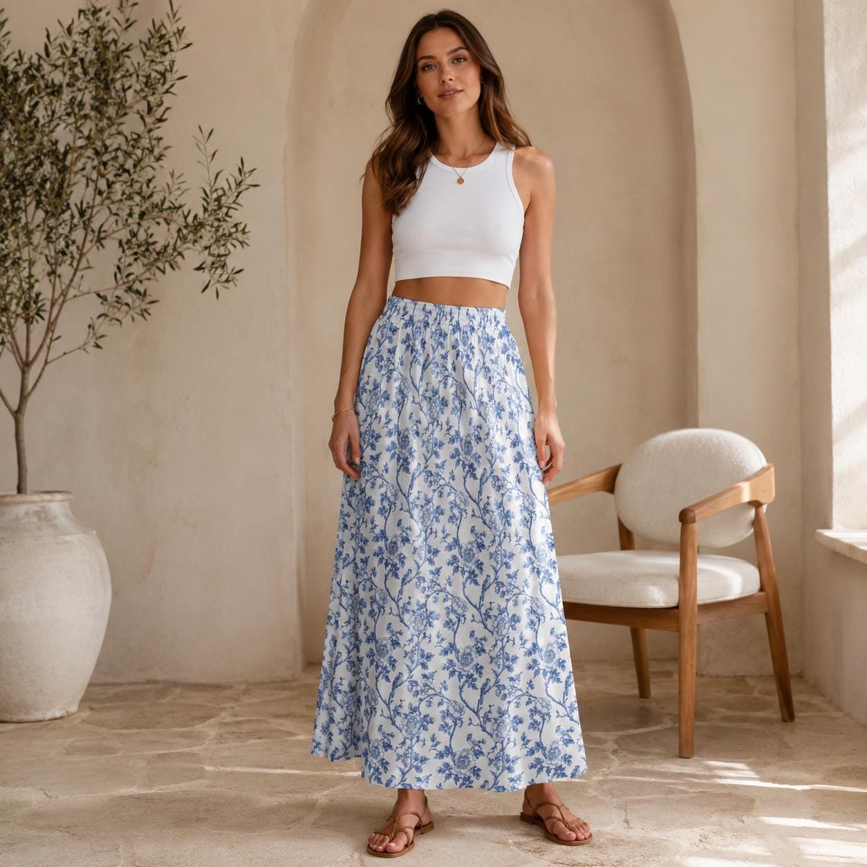 Blue Toile Maxi Skirt, Porcelain Floral Print, Vintage Garden, Cottagecore Summer Vacation