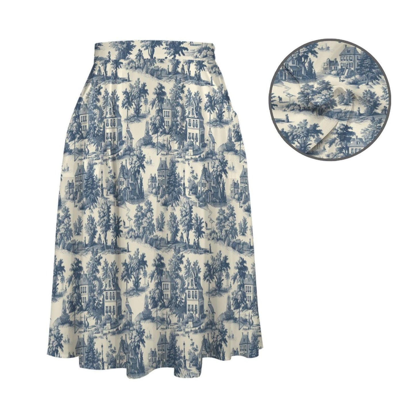 Blue Toile Maxi Skirt With Pockets, Scenic Cottage Print, High Waist Flowy Summer Style