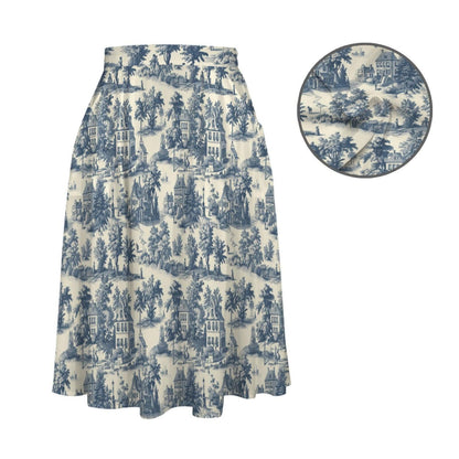 Blue Toile Maxi Skirt With Pockets, Scenic Cottage Print, High Waist Flowy Summer Style