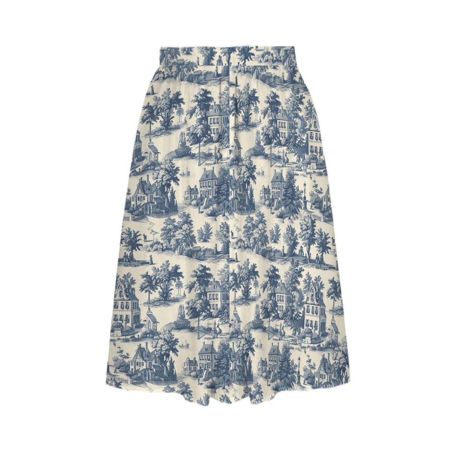 Blue Toile Maxi Skirt With Pockets, Scenic Cottage Print, High Waist Flowy Summer Style