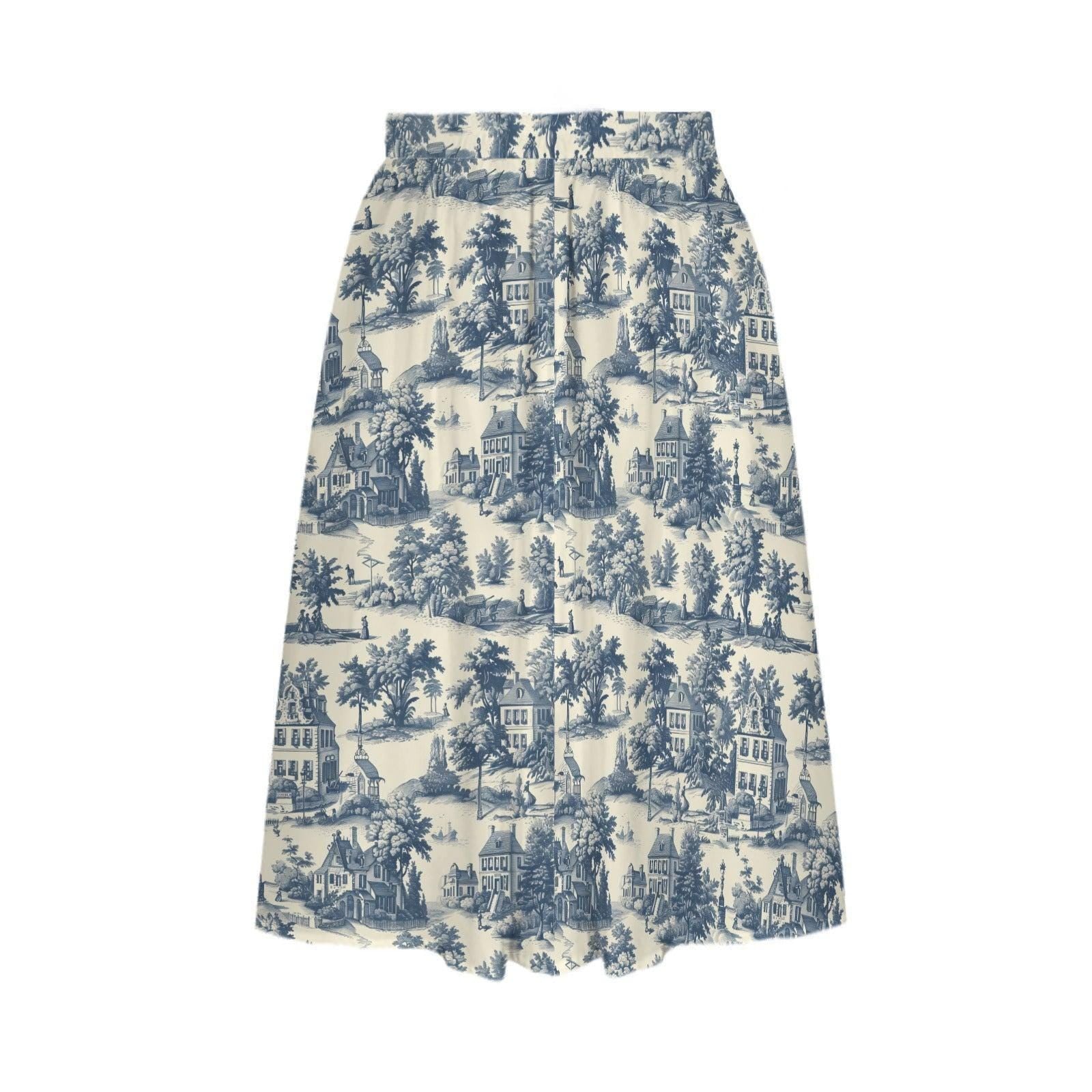 Blue Toile Maxi Skirt With Pockets, Scenic Cottage Print, High Waist Flowy Summer Style