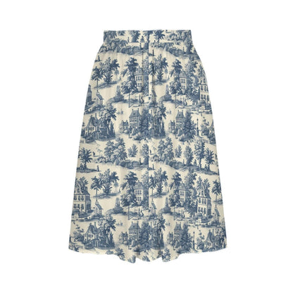 Blue Toile Maxi Skirt With Pockets, Scenic Cottage Print, High Waist Flowy Summer Style