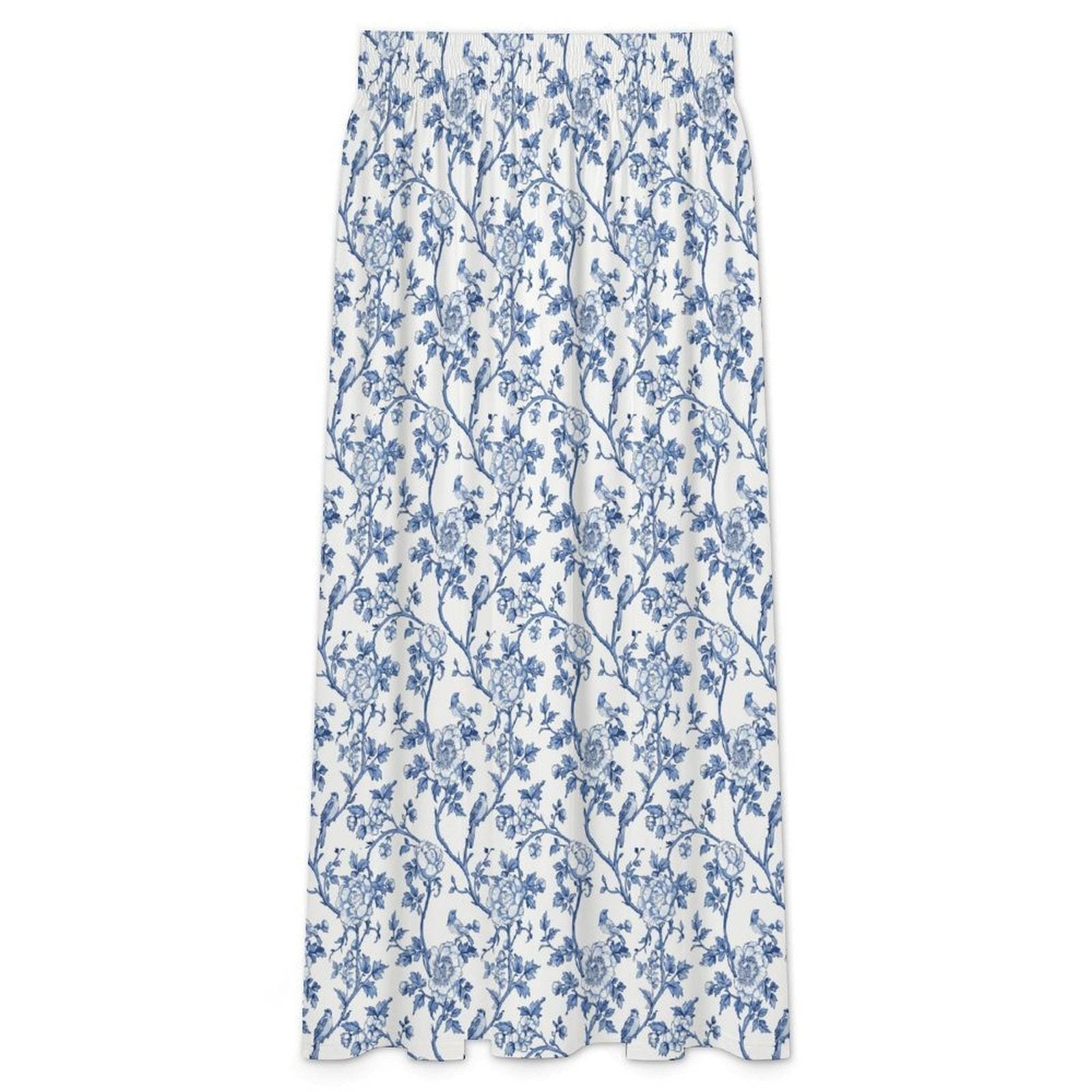 Blue Toile Maxi Skirt, Porcelain Floral Print, Vintage Garden, Cottagecore Summer Vacation
