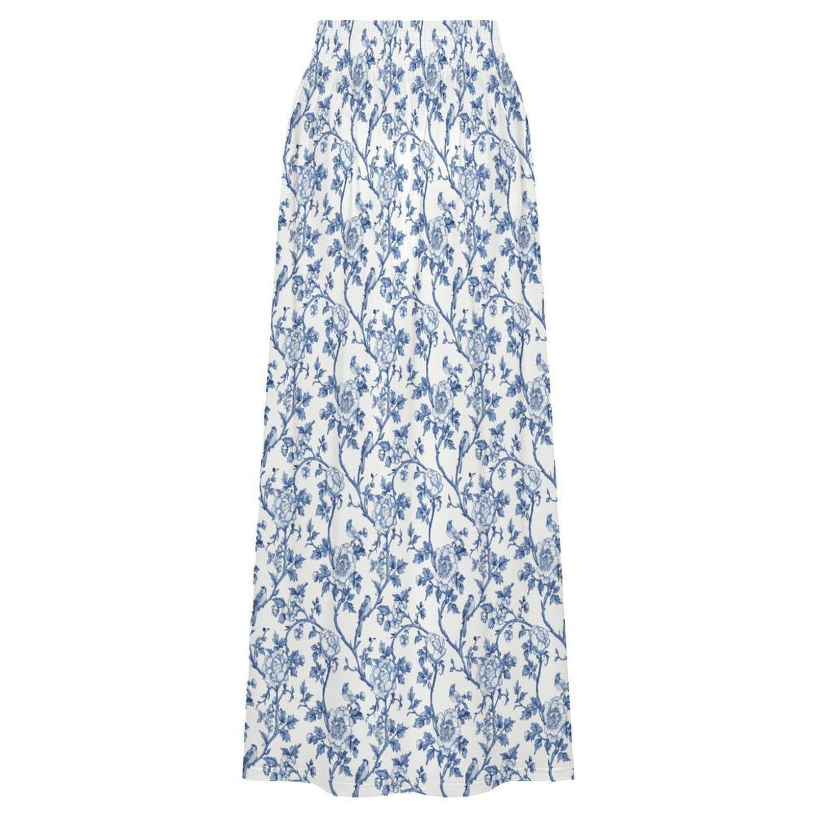 Blue Toile Maxi Skirt, Porcelain Floral Print, Vintage Garden, Cottagecore Summer Vacation