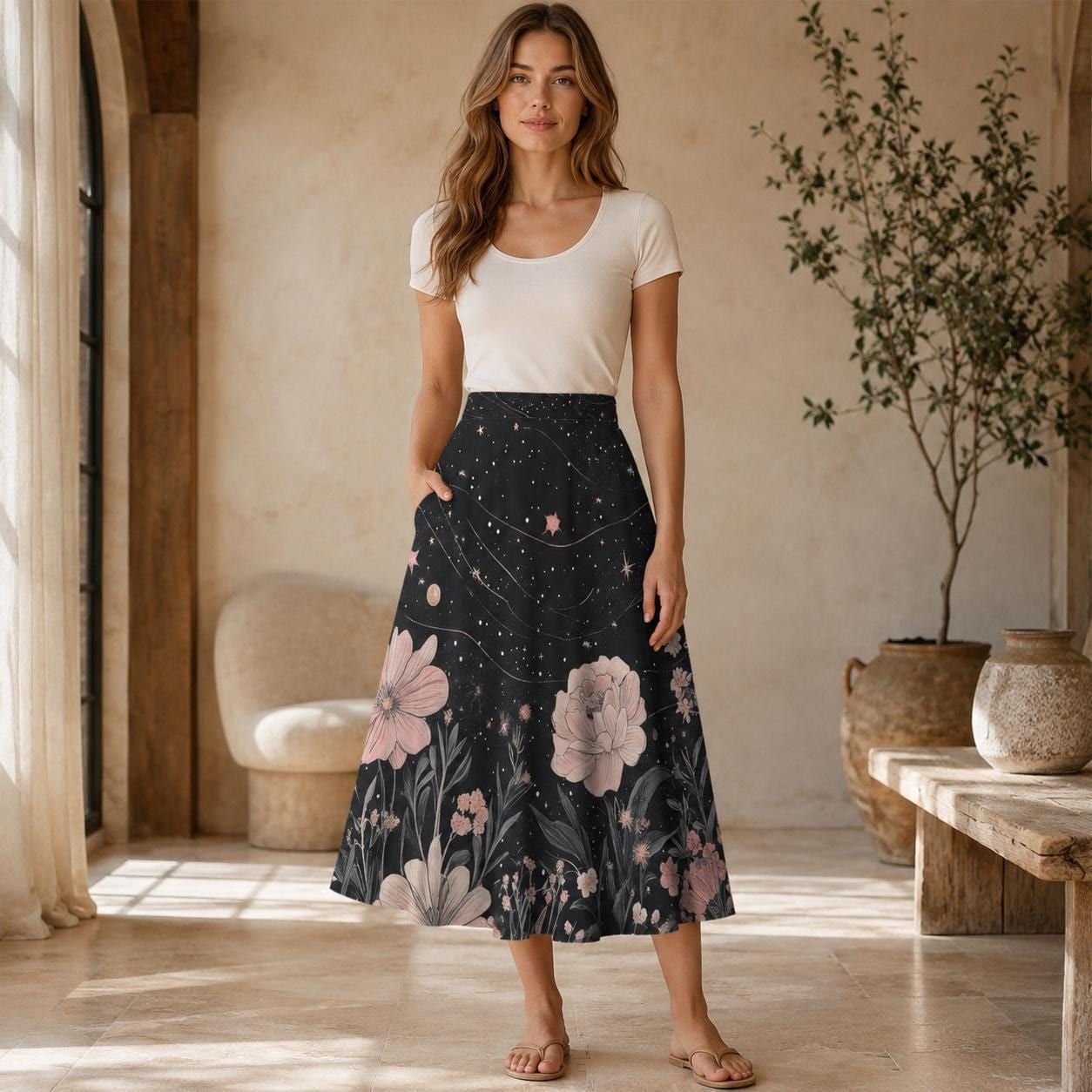Dark Floral Midi Skirt, Pink Peony Star Print, High Waist Pockets, Cottagecore Evening Wear