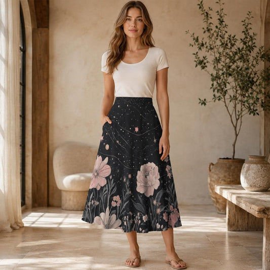 Dark Floral Midi Skirt, Pink Peony Star Print, High Waist Pockets, Cottagecore Evening Wear