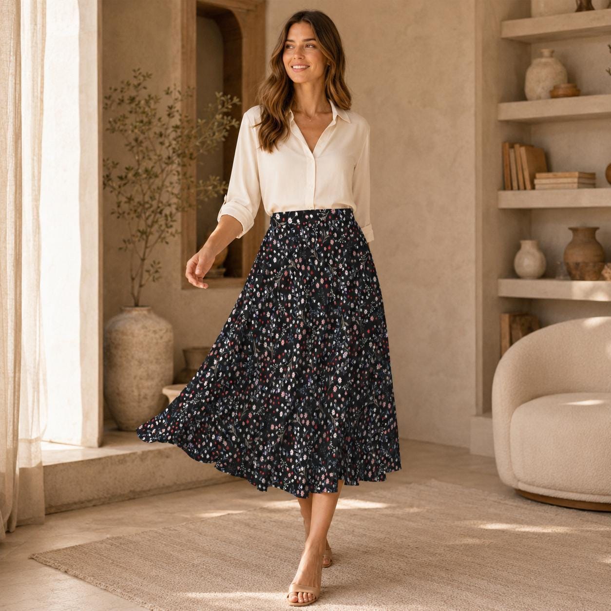 Black Ditsy Floral Midi Skirt, High Waist A Line, Pockets, Wildflower Print