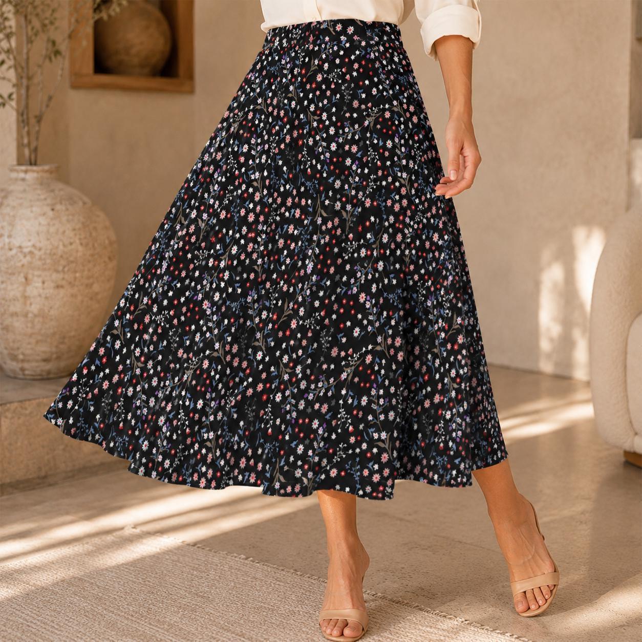 Black Ditsy Floral Midi Skirt, High Waist A Line, Pockets, Wildflower Print