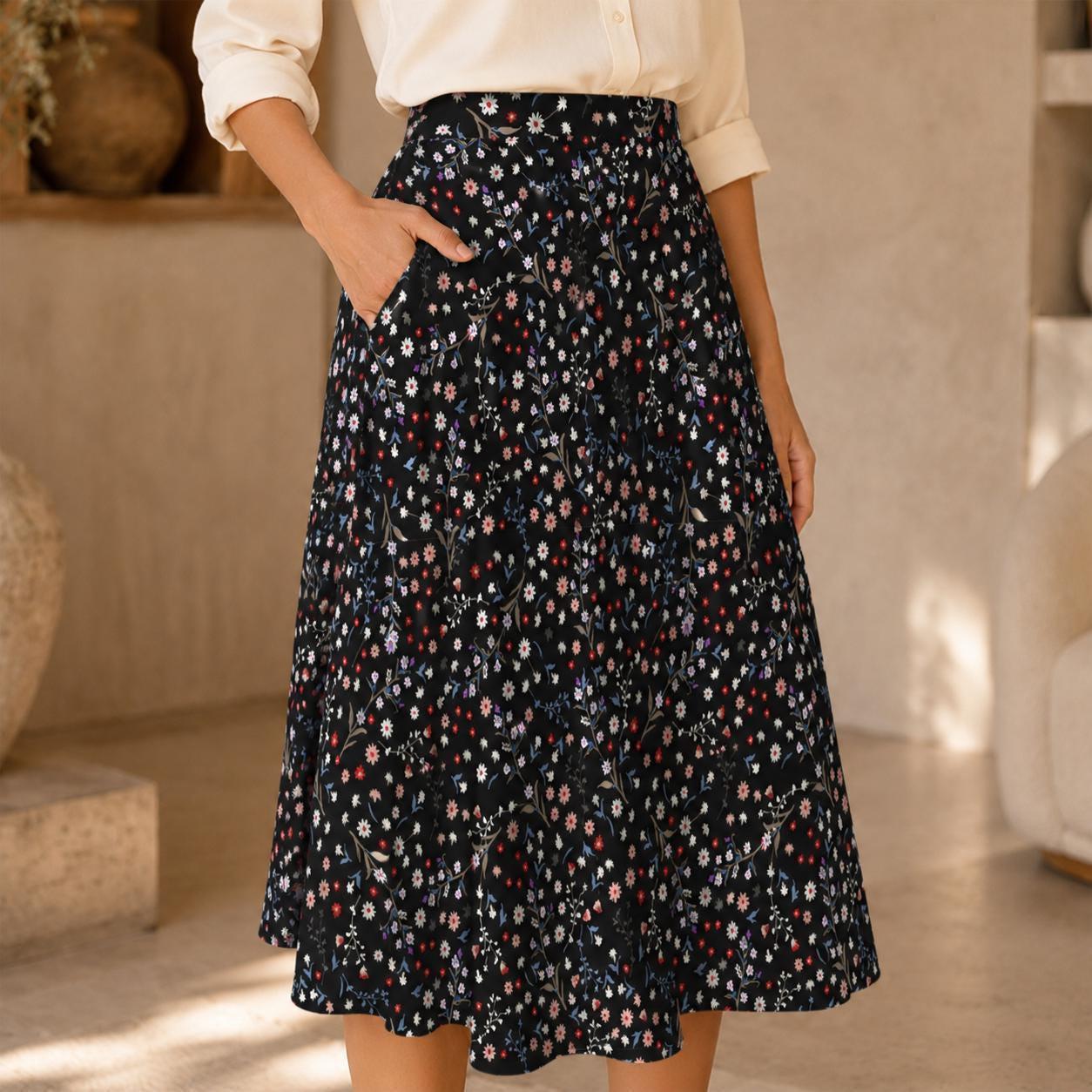 Black Ditsy Floral Midi Skirt, High Waist A Line, Pockets, Wildflower Print