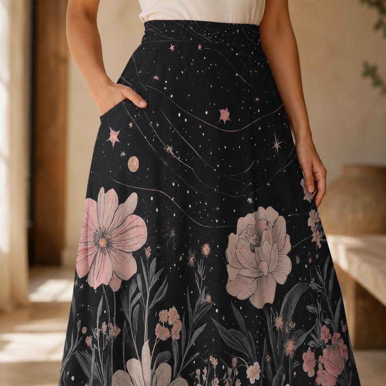 Dark Floral Midi Skirt, Pink Peony Star Print, High Waist Pockets, Cottagecore Evening Wear