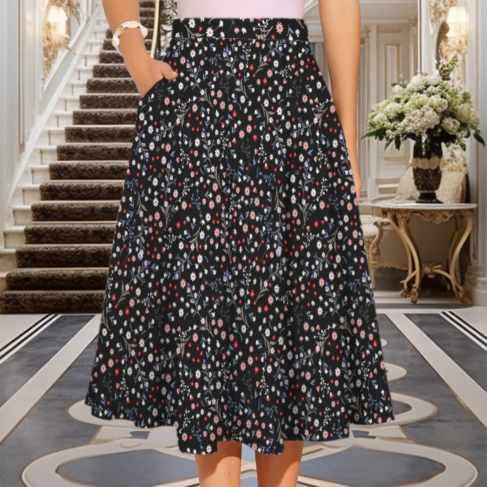 Black Ditsy Floral Midi Skirt, High Waist A Line, Pockets, Wildflower Print