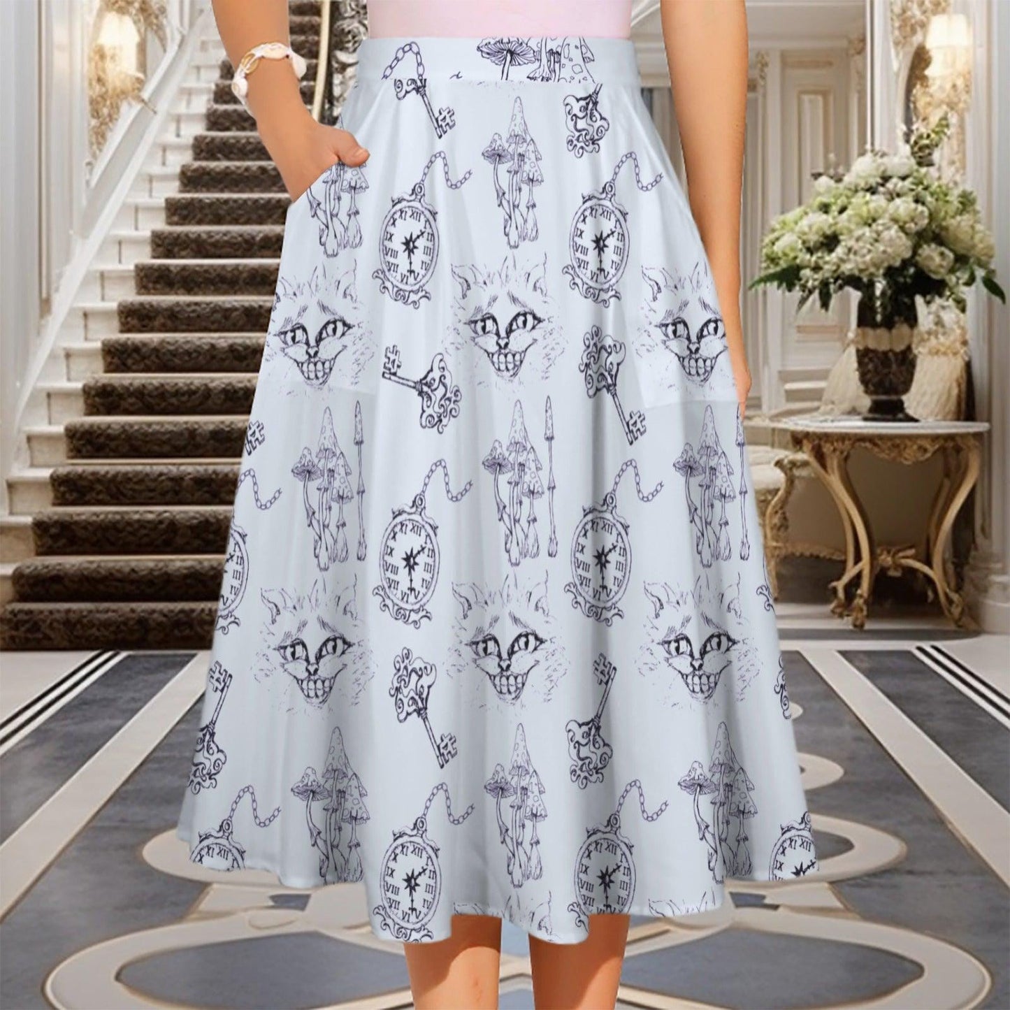 Wonderland Midi Skirt, Blue Toile Cheshire Cat Print, Cottagecore A Line Skirt