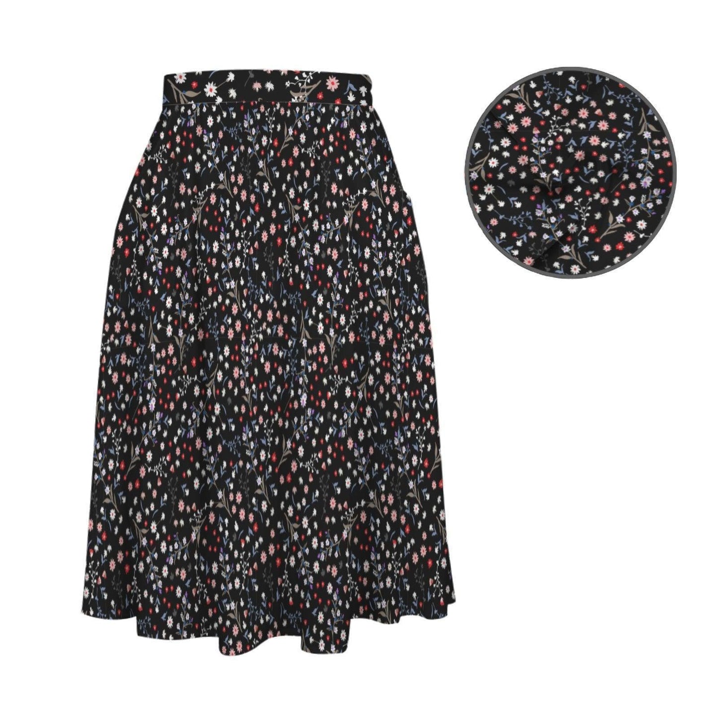 Black Ditsy Floral Midi Skirt, High Waist A Line, Pockets, Wildflower Print