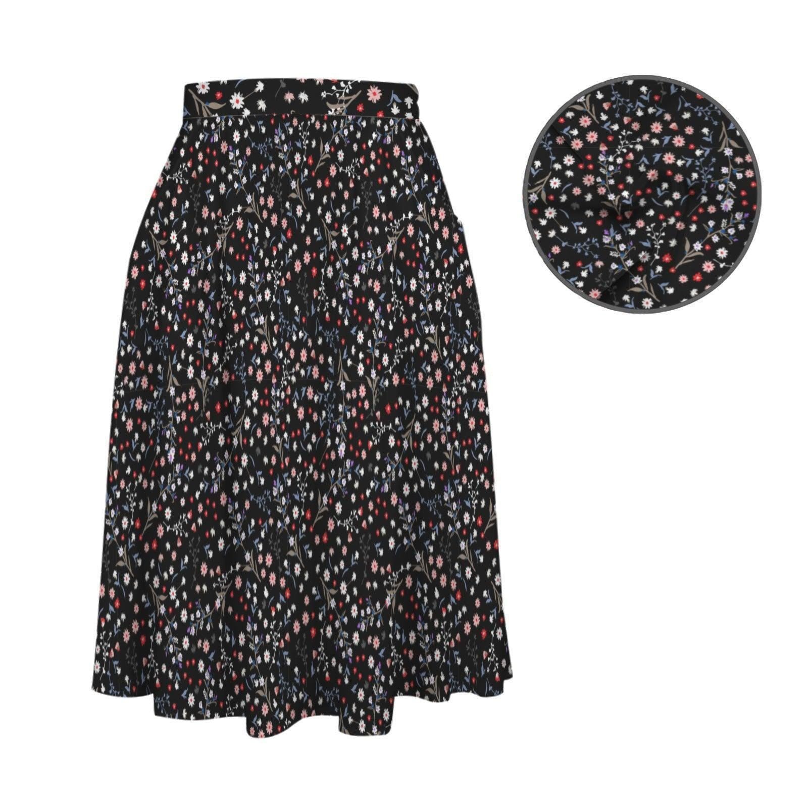 Black Ditsy Floral Midi Skirt, High Waist A Line, Pockets, Wildflower Print