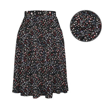 Black Ditsy Floral Midi Skirt, High Waist A Line, Pockets, Wildflower Print