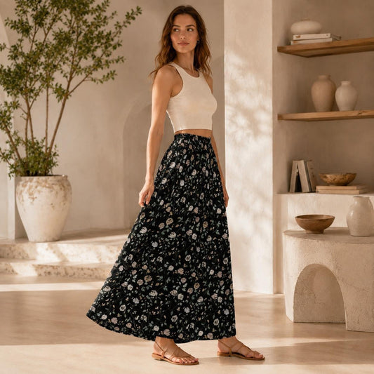 Black Floral Maxi Skirt, Dark Cottagecore Garden, High Waist Vintage Style Printed