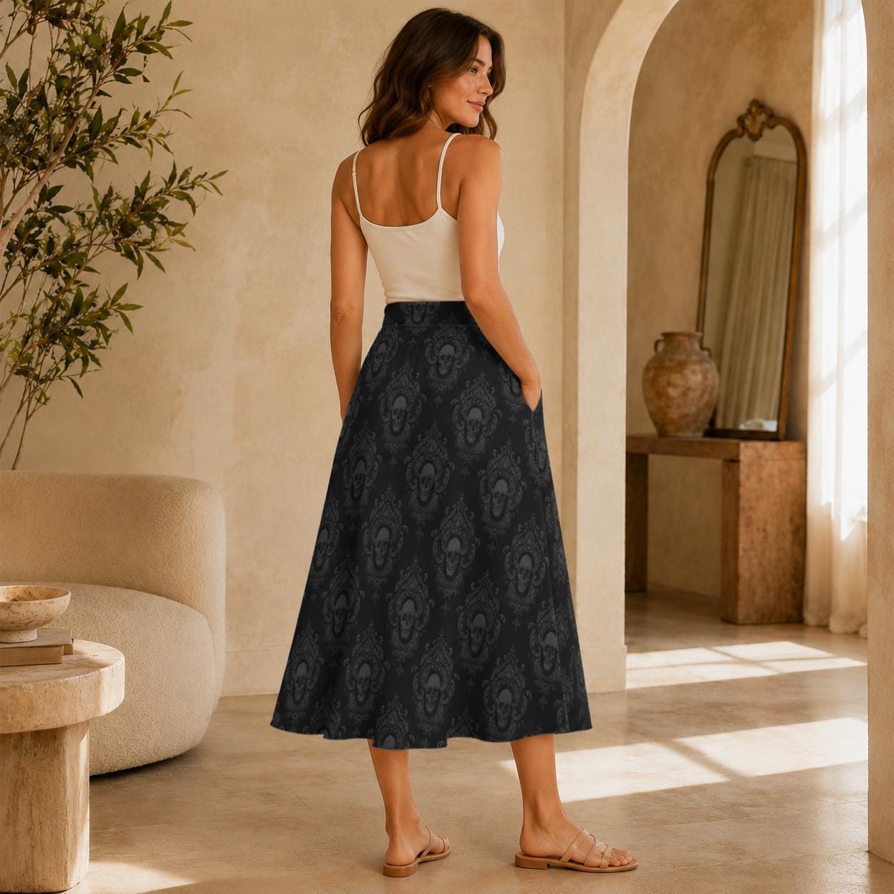 Gothic Damask Midi Skirt, Skull Medallion Print, High Waisted A Line with Pockets