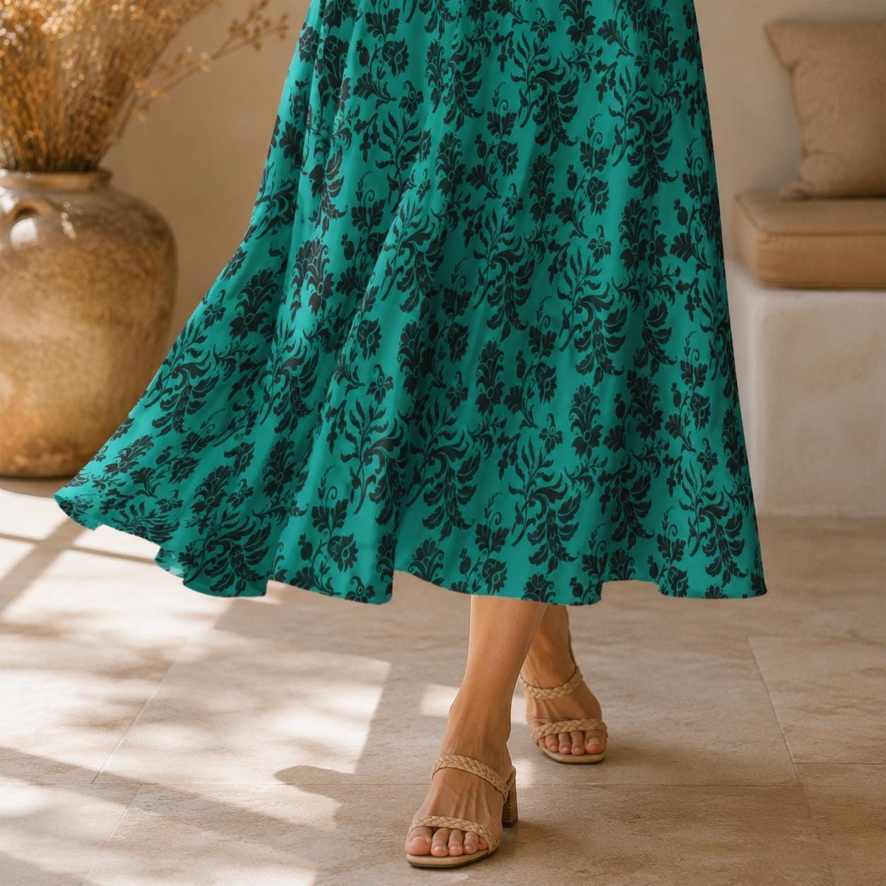 Teal Botanical Maxi Skirt, Black Floral Cottagecore, High Waist Flowy Garden Party