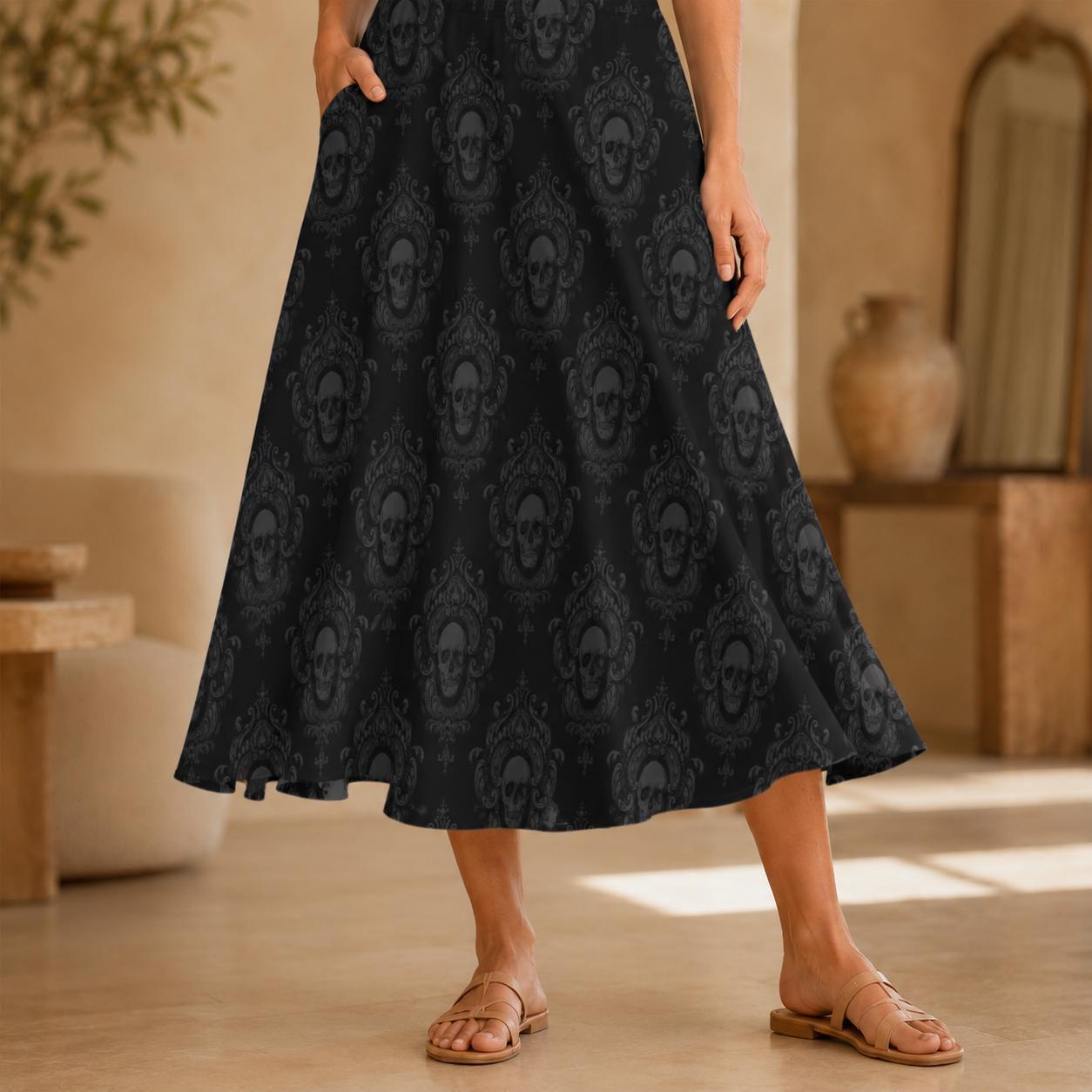 Gothic Damask Midi Skirt, Skull Medallion Print, High Waisted A Line with Pockets