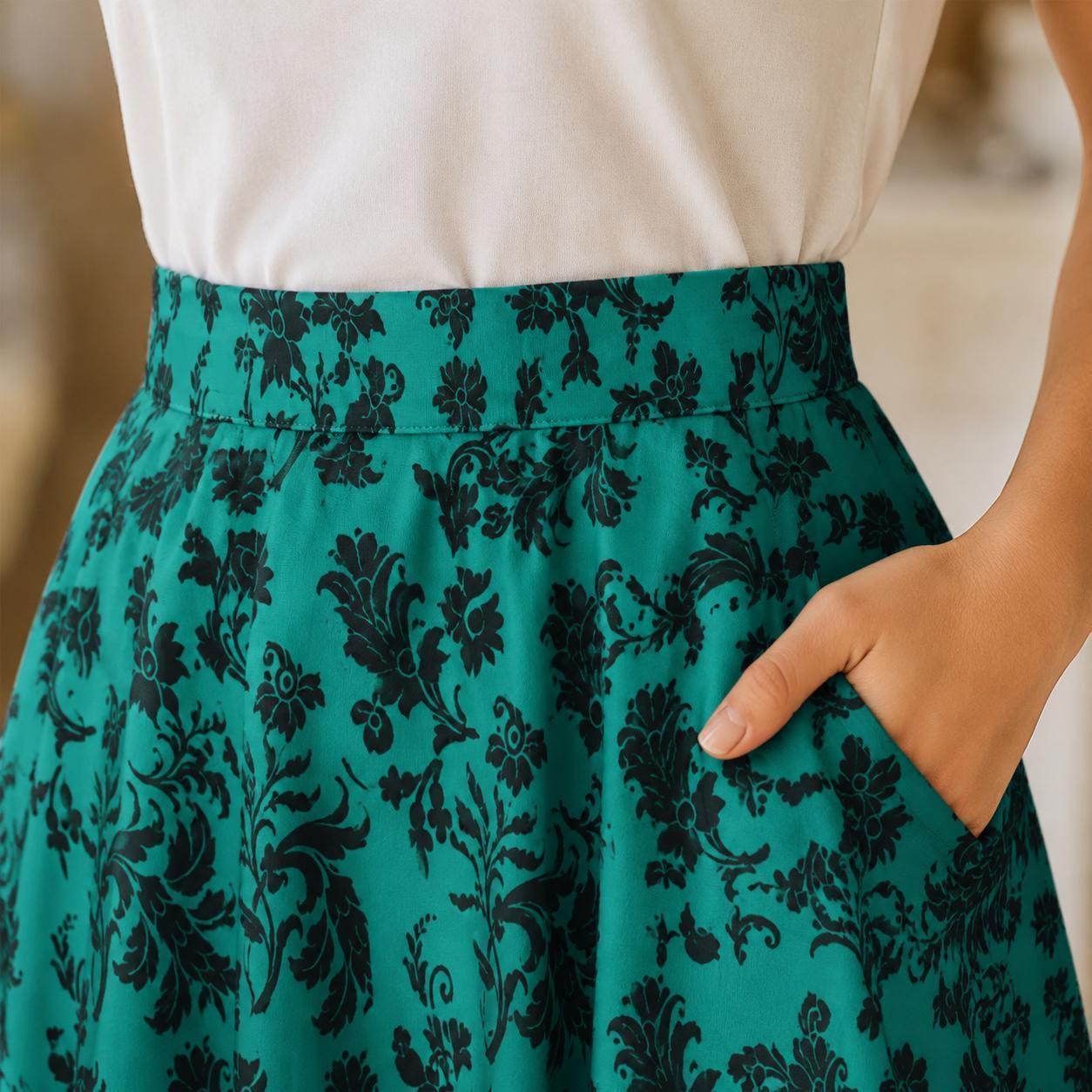 Teal Botanical Maxi Skirt, Black Floral Cottagecore, High Waist Flowy Garden Party