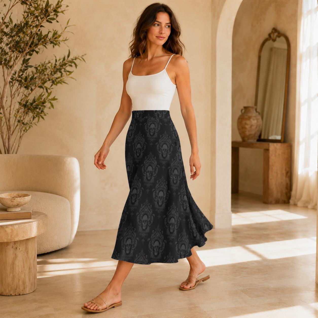 Gothic Damask Midi Skirt, Skull Medallion Print, High Waisted A Line with Pockets