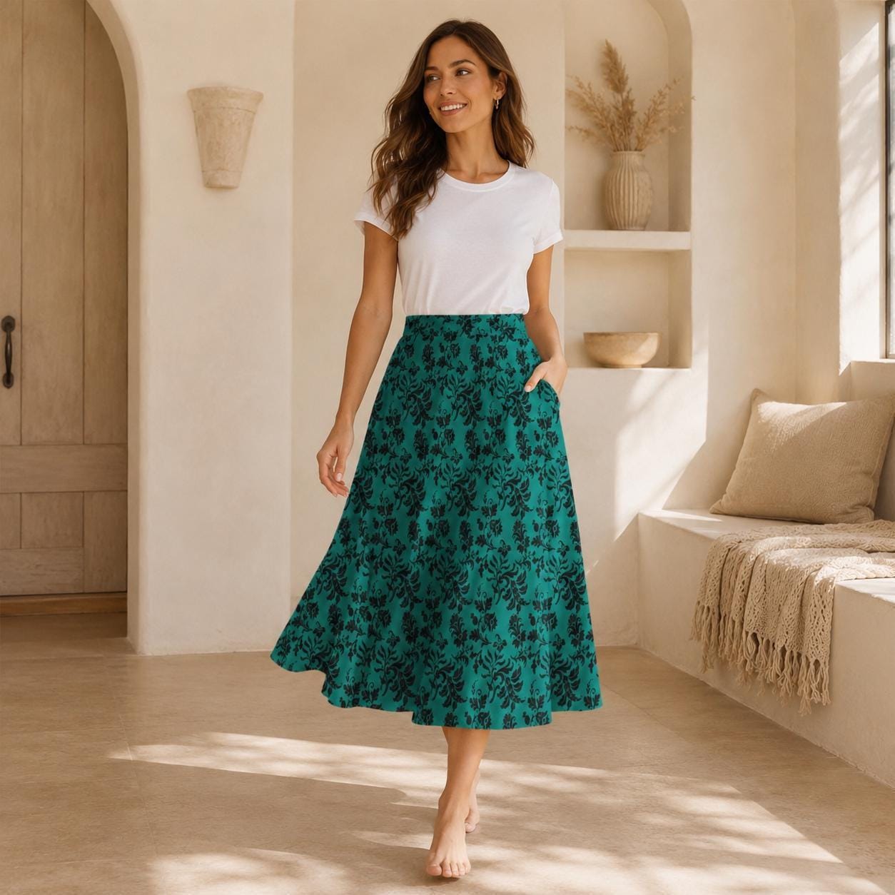 Teal Botanical Maxi Skirt, Black Floral Cottagecore, High Waist Flowy Garden Party