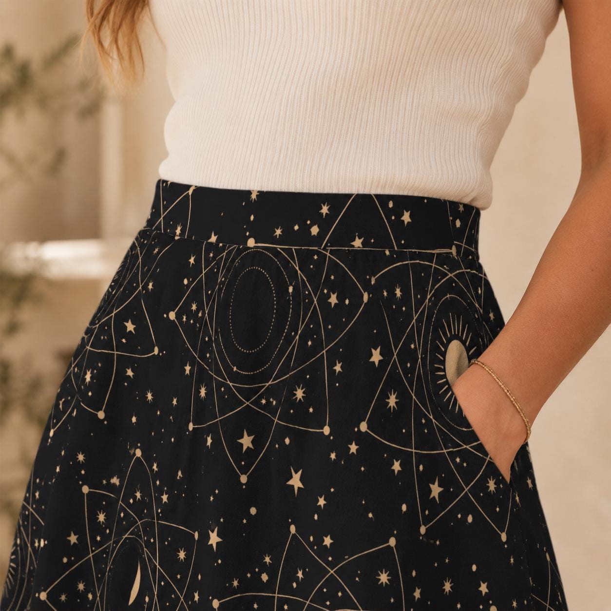 Black Celestial Midi Skirt, Moon Star Print, High Waist Pockets, Witchy Festival Style