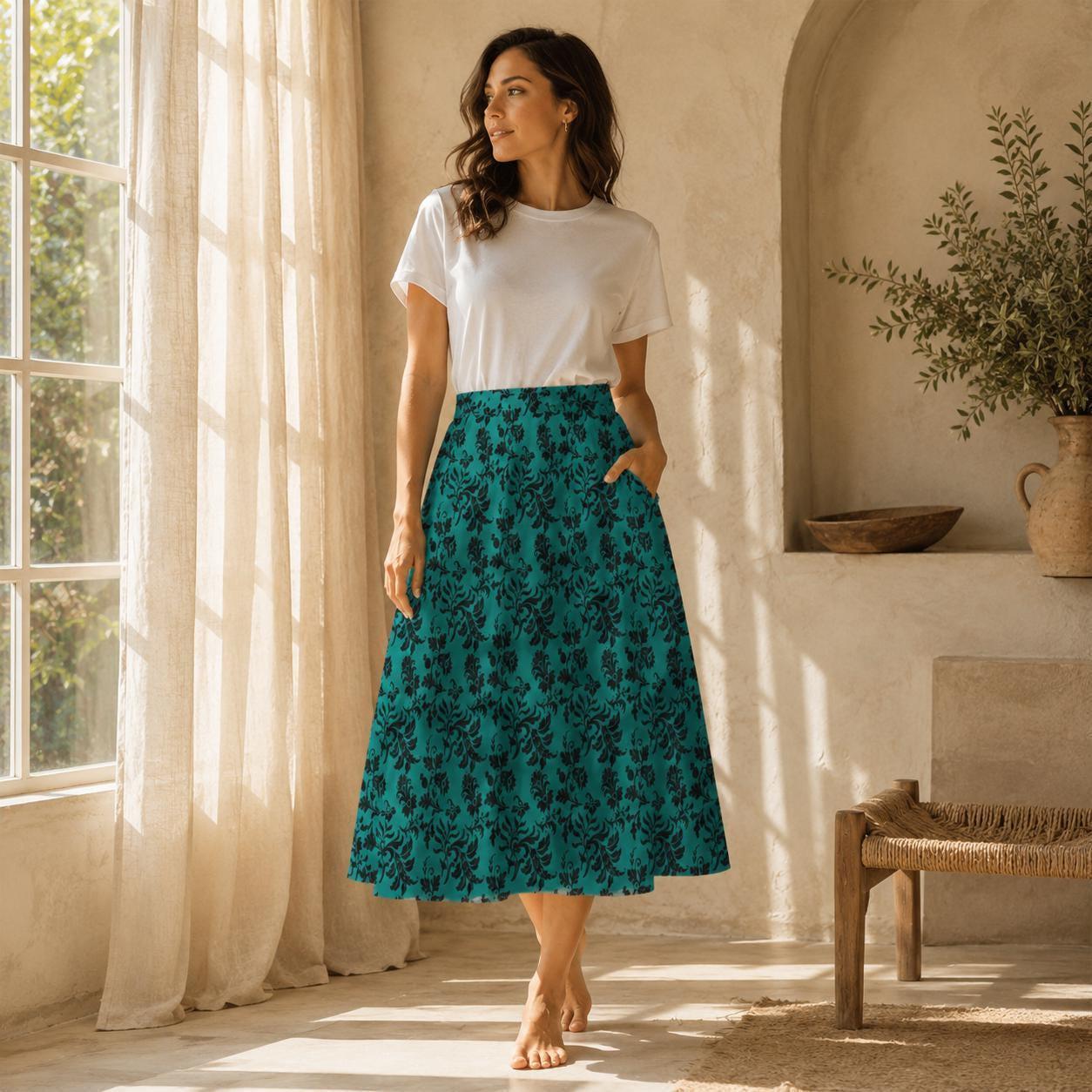 Teal Botanical Maxi Skirt, Black Floral Cottagecore, High Waist Flowy Garden Party