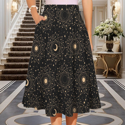 Black Celestial Midi Skirt, Moon Star Print, High Waist Pockets, Witchy Festival Style
