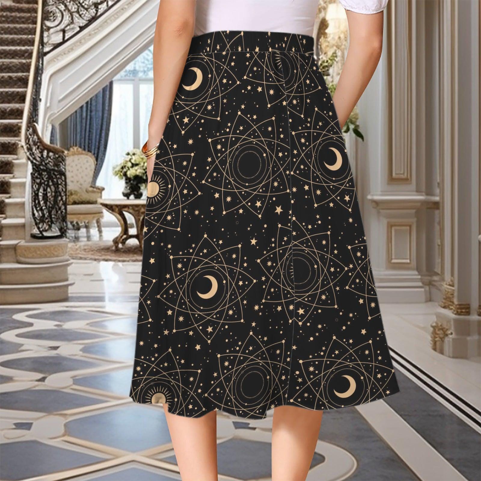 Black Celestial Midi Skirt, Moon Star Print, High Waist Pockets, Witchy Festival Style