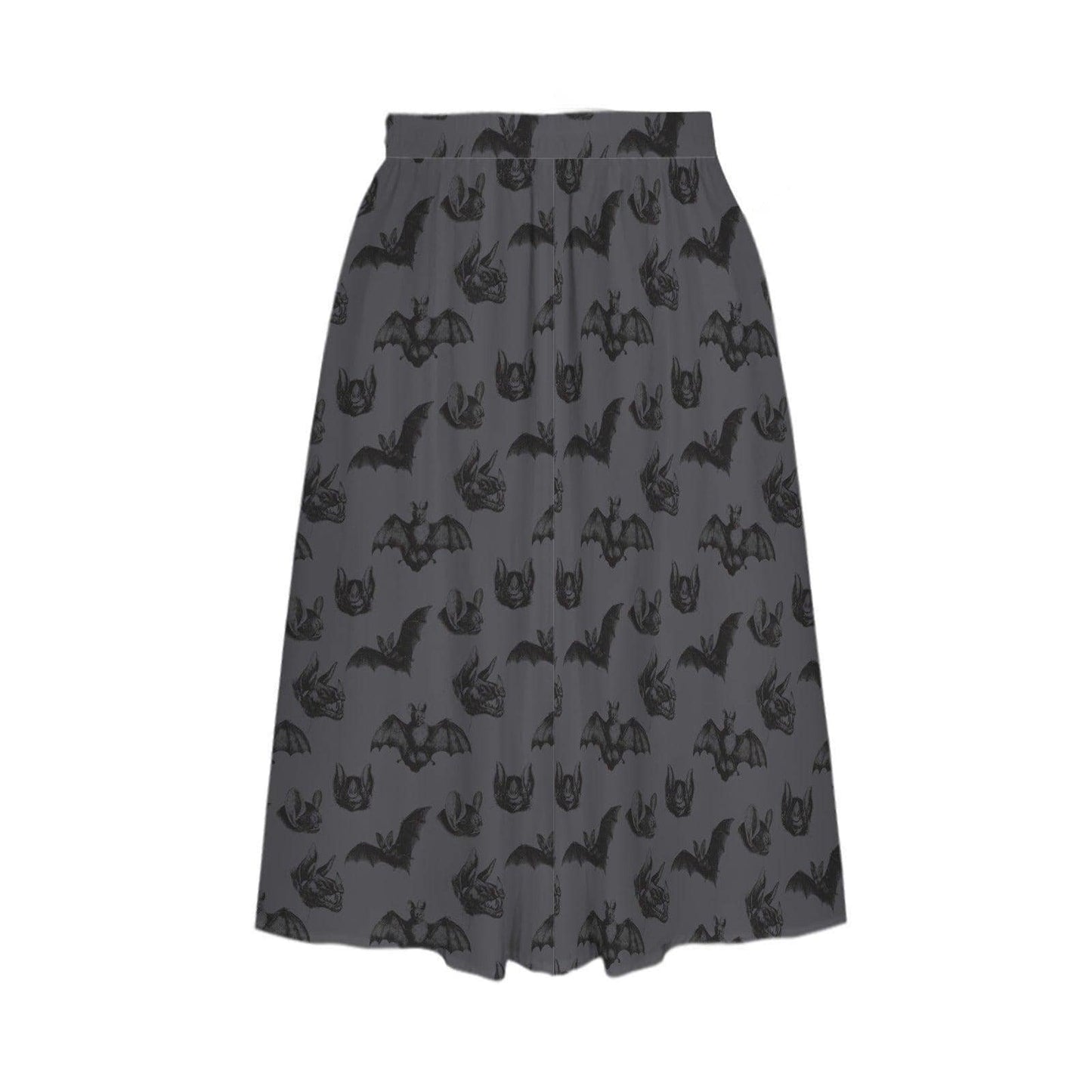 Bat Print Midi Skirt, Dark Gray Flowy A-Line with Pockets, Witchy Fall Halloween Wear