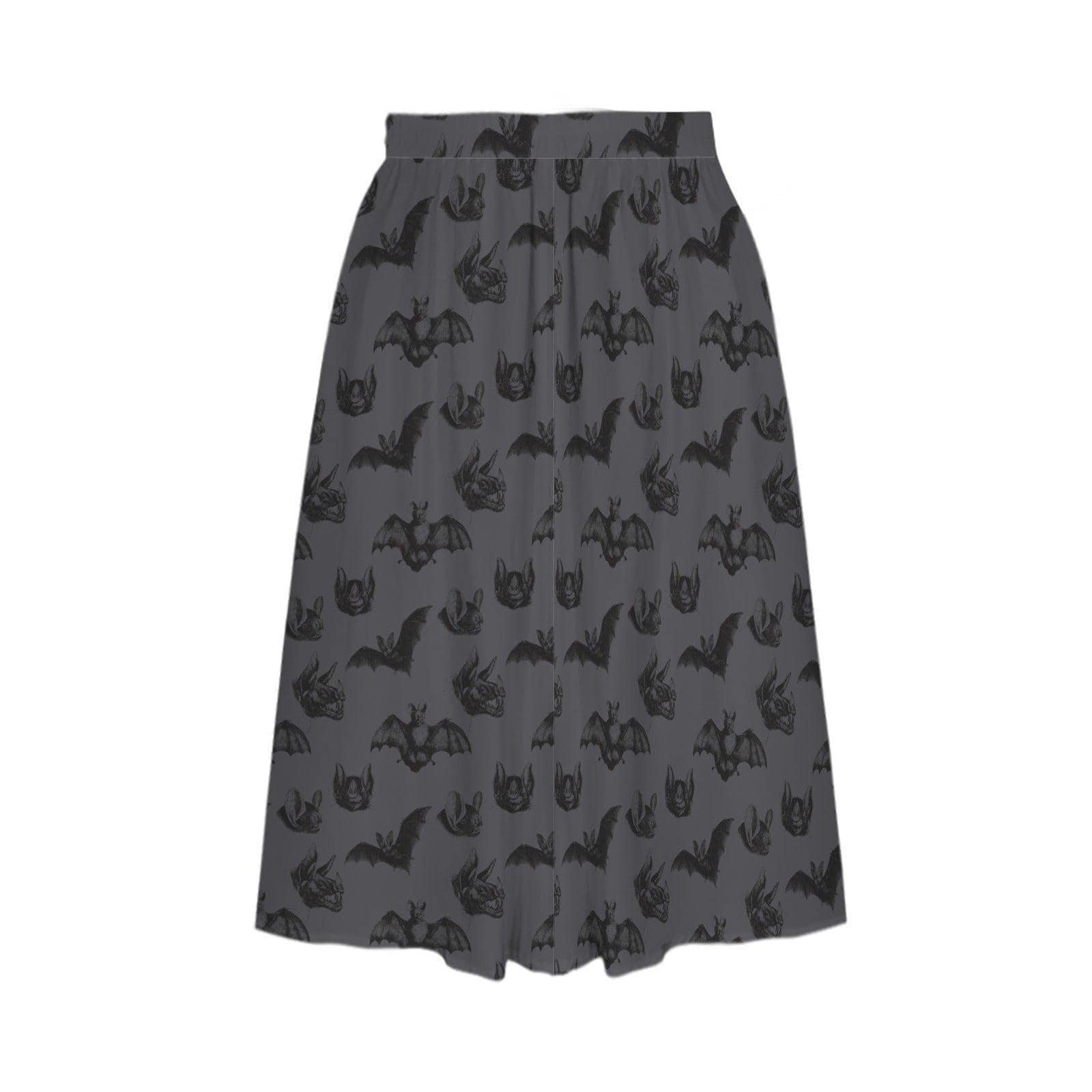 Bat Print Midi Skirt, Dark Gray Flowy A-Line with Pockets, Witchy Fall Halloween Wear