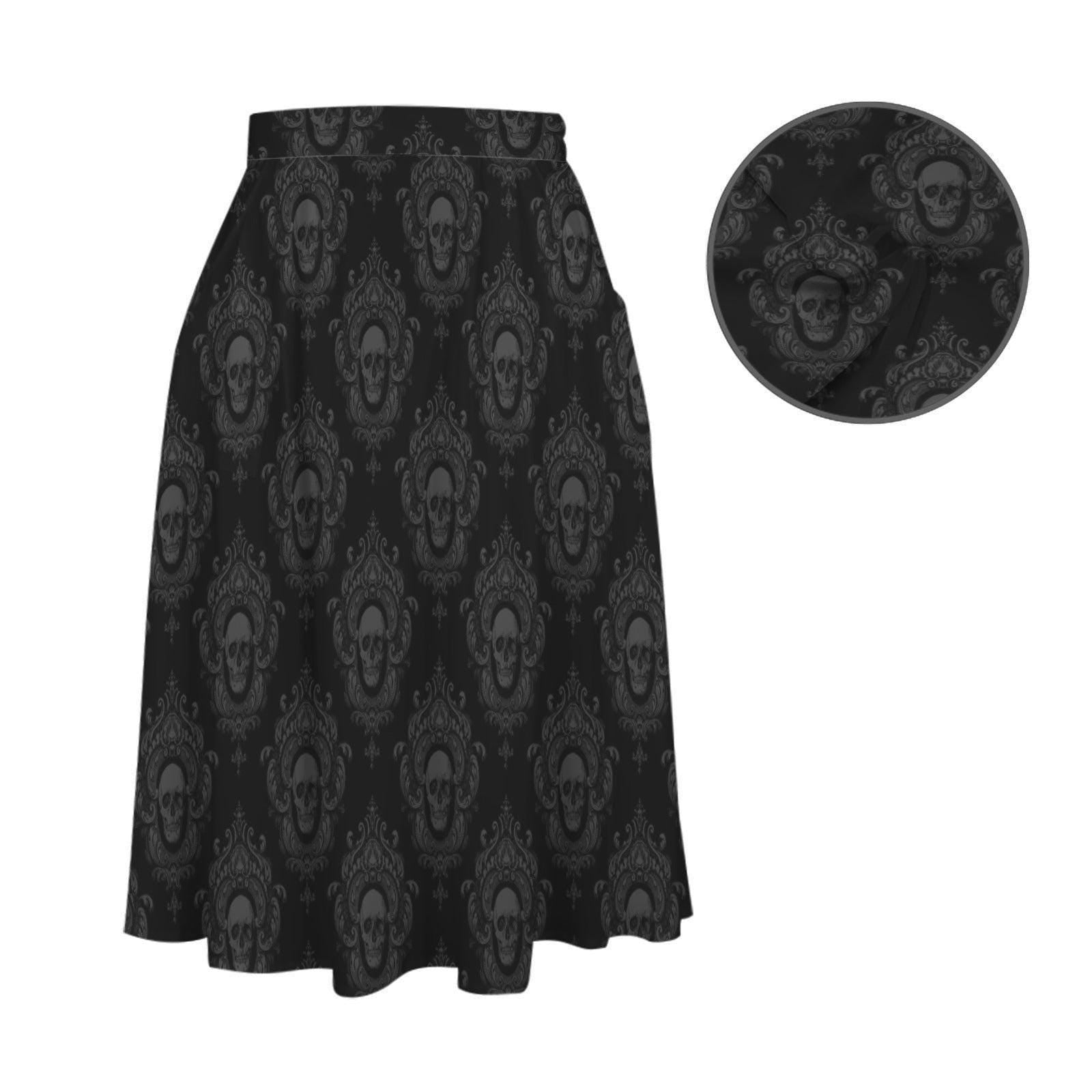 Gothic Damask Midi Skirt, Skull Medallion Print, High Waisted A Line with Pockets