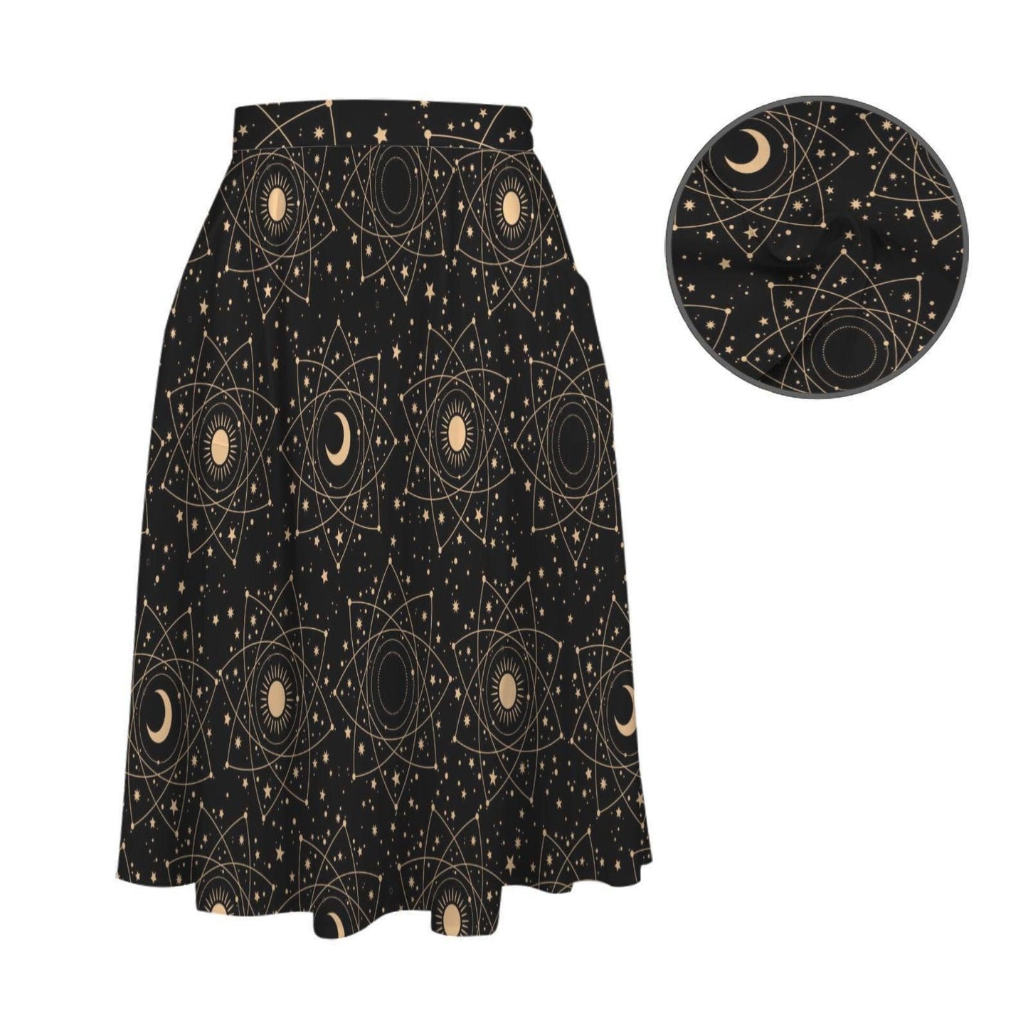 Black Celestial Midi Skirt, Moon Star Print, High Waist Pockets, Witchy Festival Style