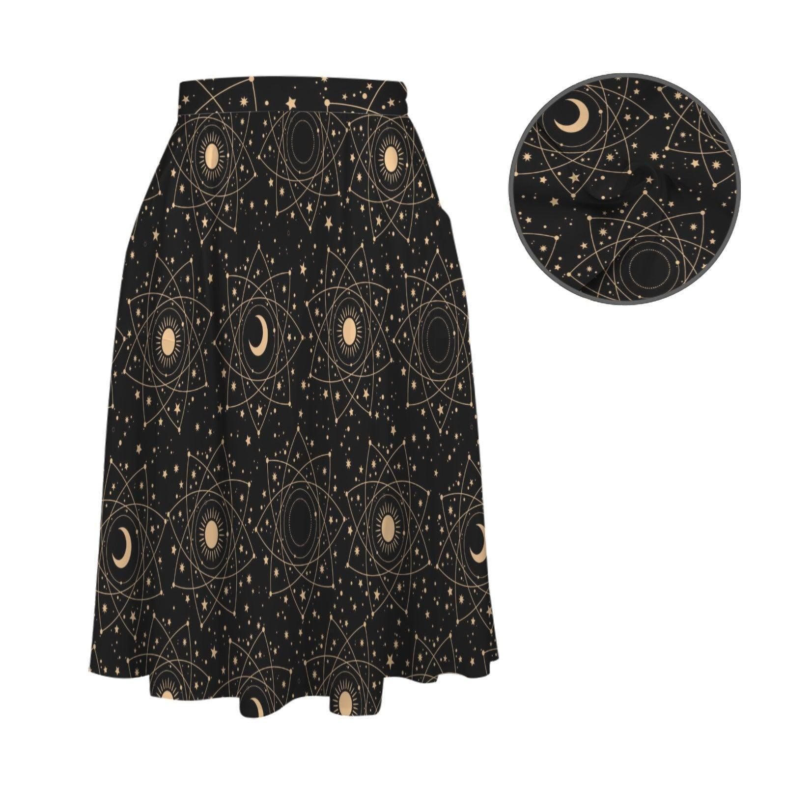 Black Celestial Midi Skirt, Moon Star Print, High Waist Pockets, Witchy Festival Style
