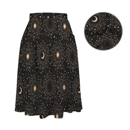 Black Celestial Midi Skirt, Moon Star Print, High Waist Pockets, Witchy Festival Style