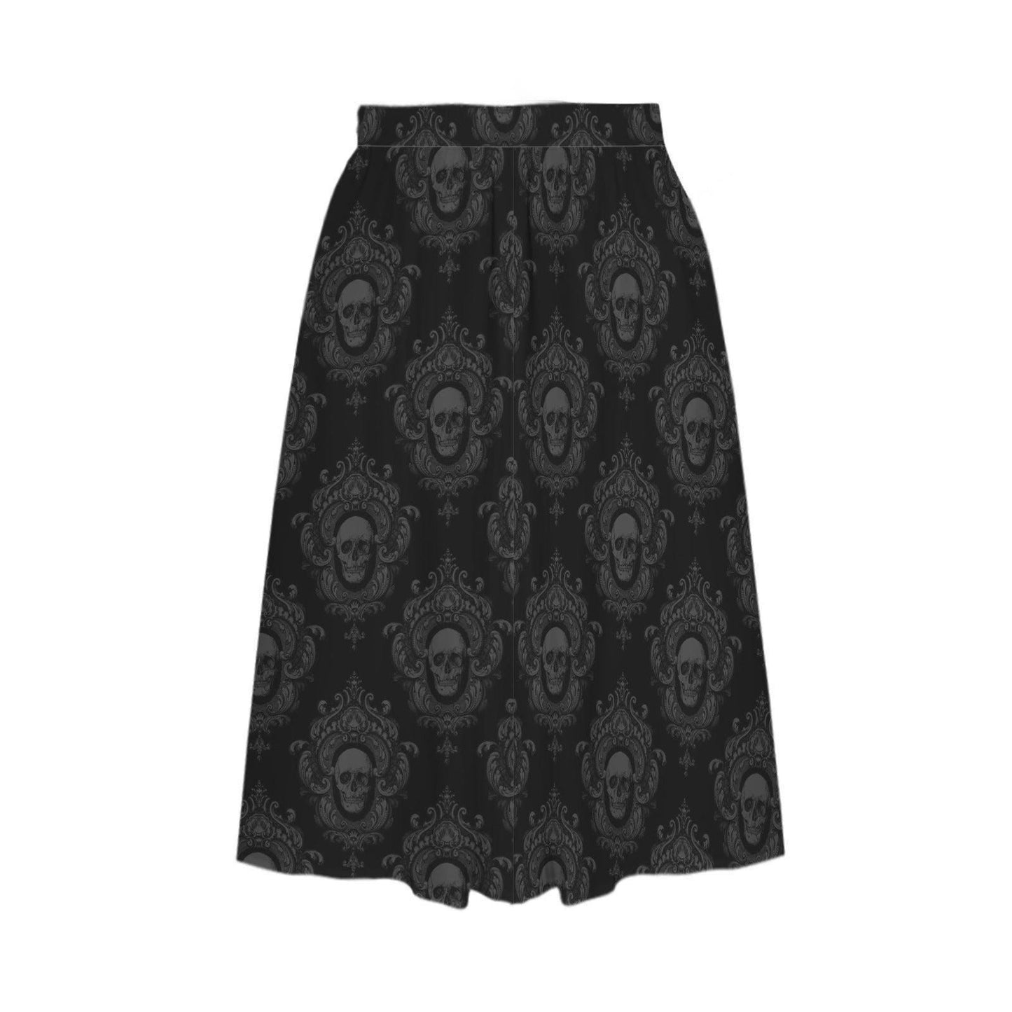 Gothic Damask Midi Skirt, Skull Medallion Print, High Waisted A Line with Pockets