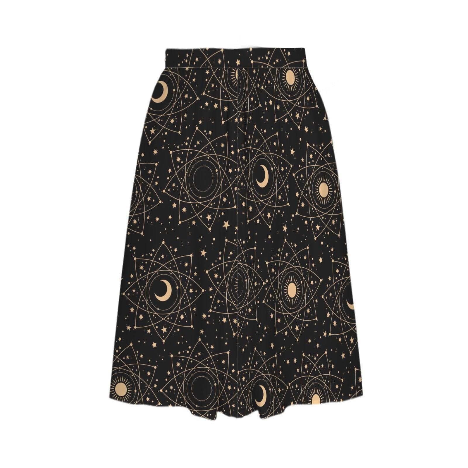 Black Celestial Midi Skirt, Moon Star Print, High Waist Pockets, Witchy Festival Style