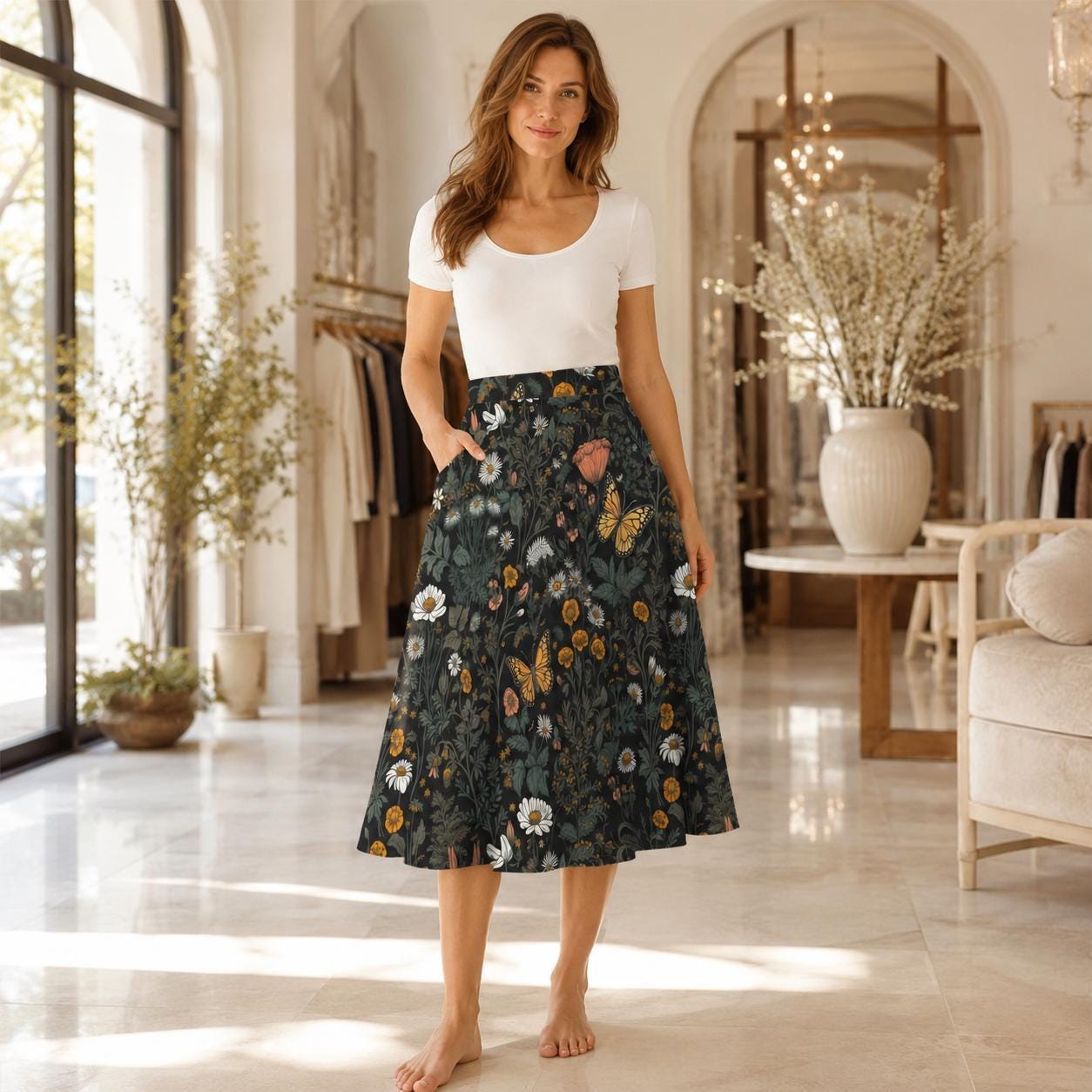 Dark Meadow Butterfly Midi Skirt, Cottagecore Floral A-Line with Pockets